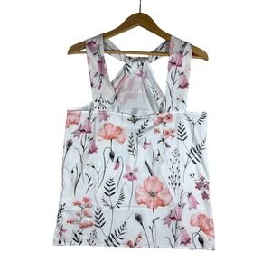 BOHO Floral M Sleeveless Top Women's White Pink‎ Casual Summer Tank Blouse Flowy